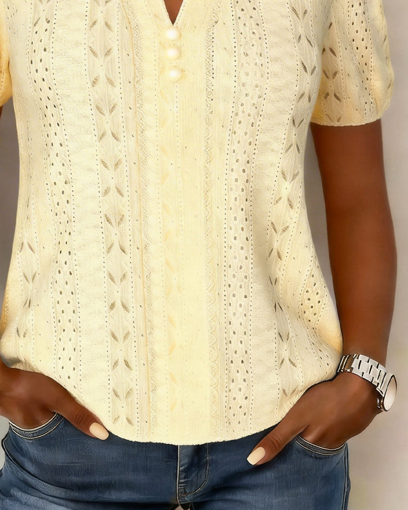 Blusa elegante con escote en V, botones de perla y mangas abullonadas | Mezcla de algodón