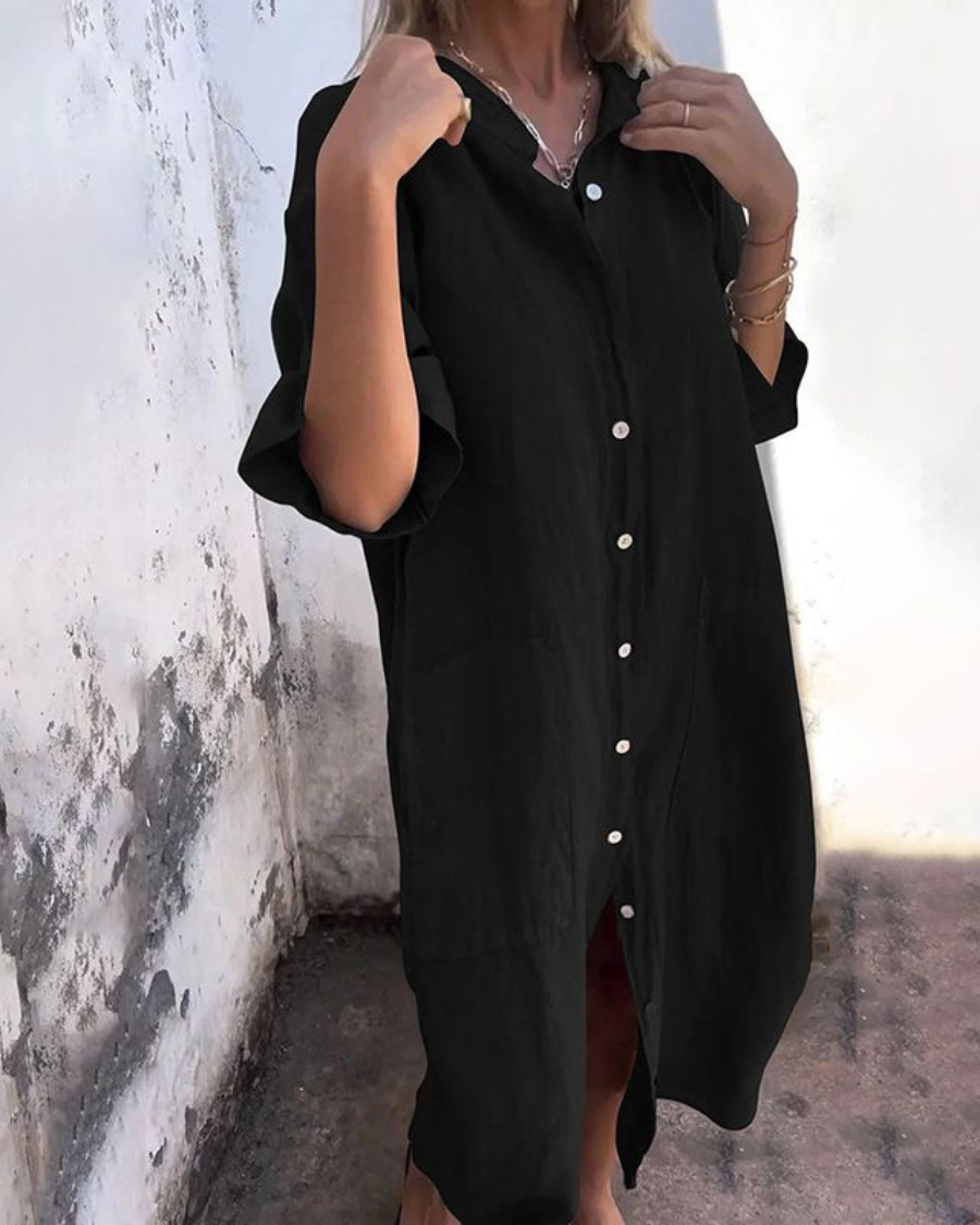 Vestido camisero midi casual y amplio | Mezcla ligera de algodón