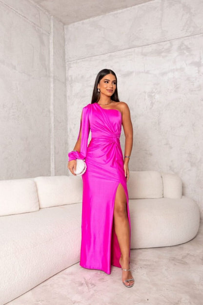 Vestido elegante de un hombro con abertura lateral | Cetim fluido
