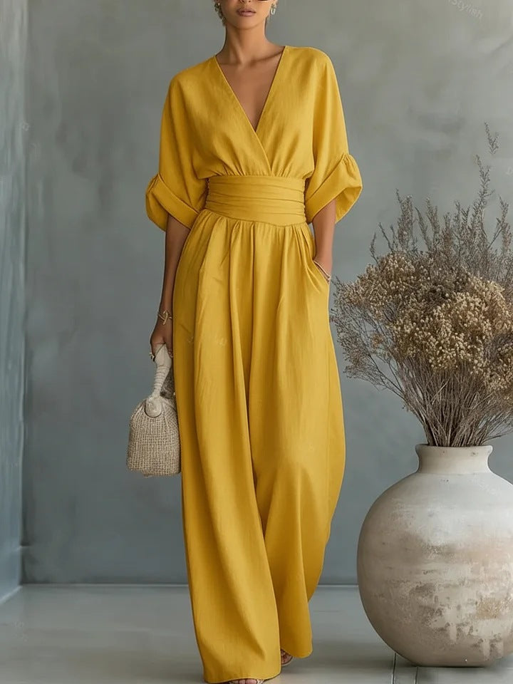 Mono elegante con escote en V y pantalón ancho para mujer