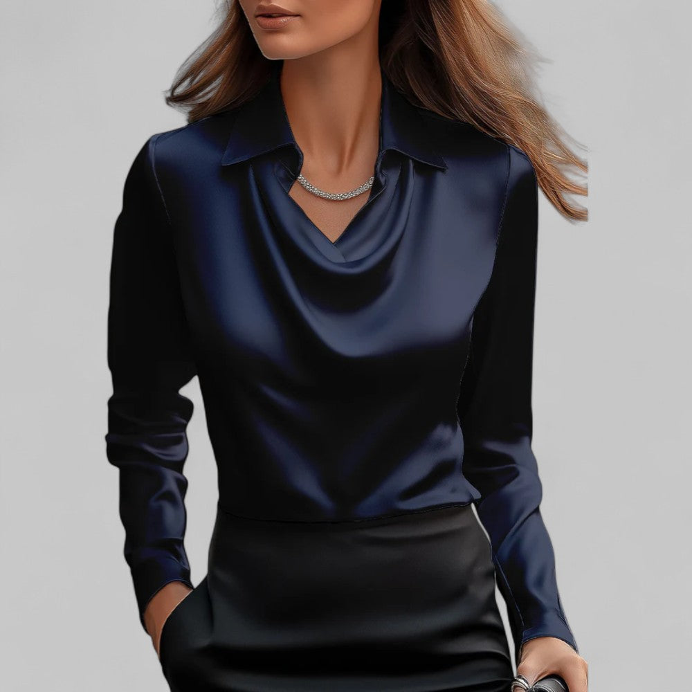 Elegante blusa satinada con cuello de cascada para mujer | Corte fluido
