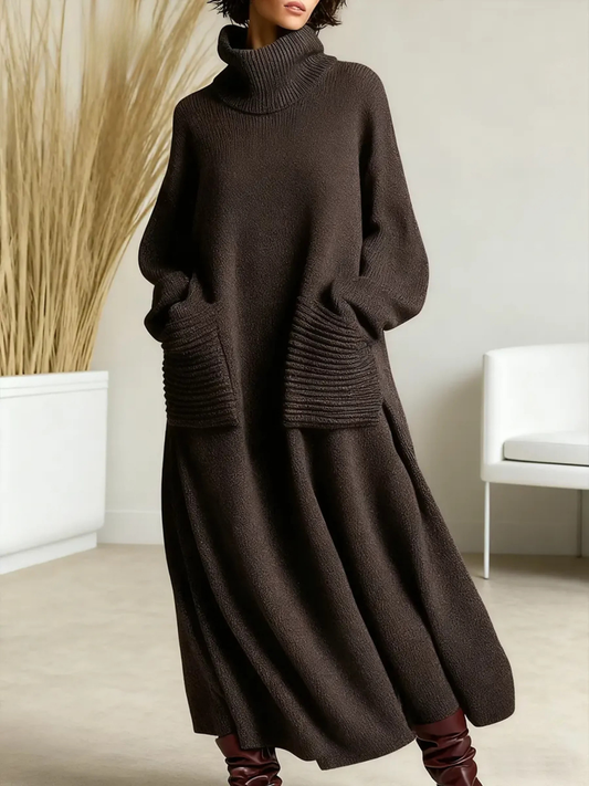 Mujer Vestido Maxi de Punto | Cuello Alto & Bolsillos Laterales | Otoño e Invierno