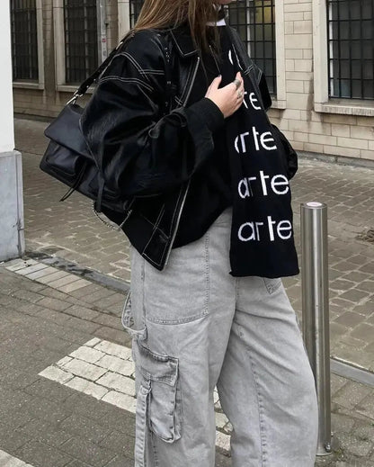 Mujer Cazadora de Cuero Oversized | Diseño Casual & Corte Holgado | Uso Diario