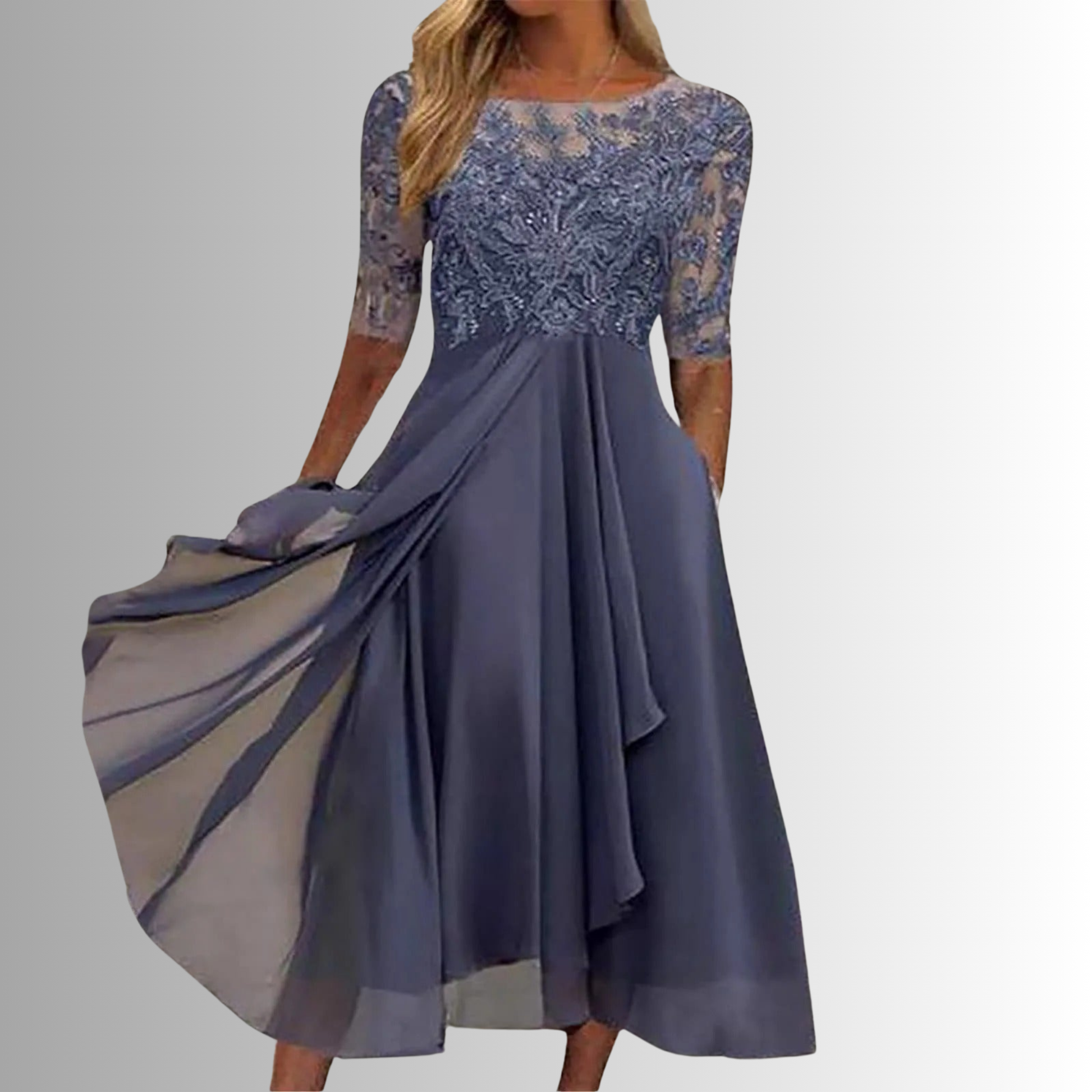 Elegante vestido de encaje con falda fluida | Diseño sin mangas para mujer