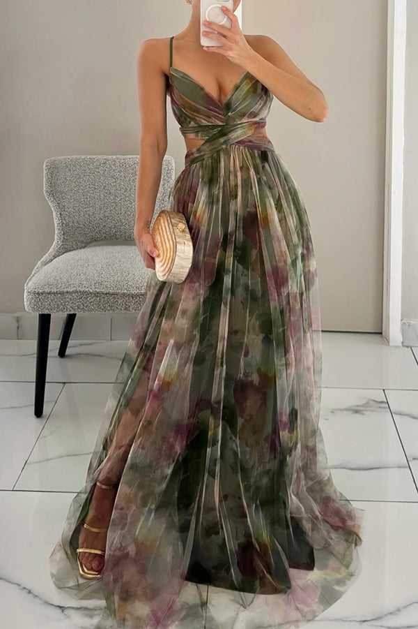 Vestido largo de tirantes con escote en V | Estampado multicolor fluido