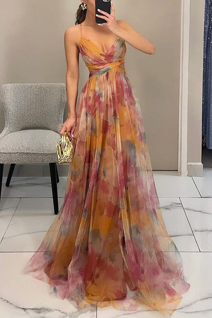 Vestido largo de tirantes con escote en V | Estampado multicolor fluido