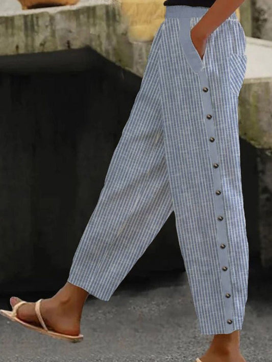 Pantalón largo de algodón a rayas con bolsillos para mujer | Cintura elástica