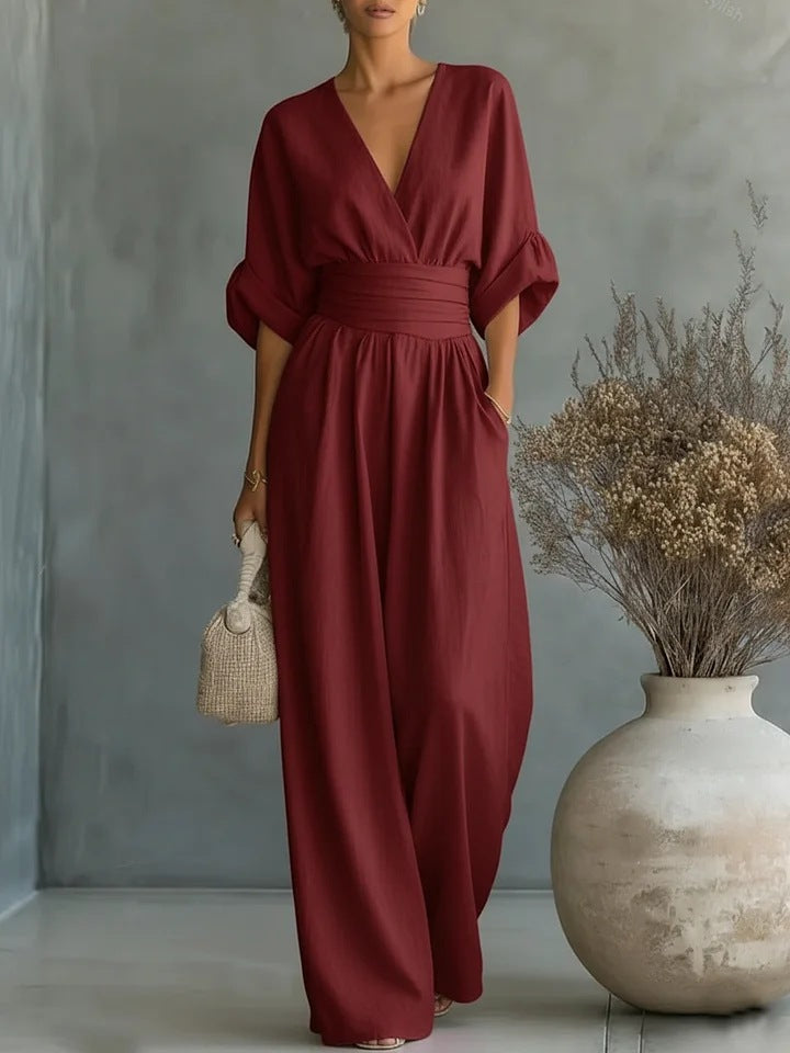 Mono elegante con escote en V y pantalón ancho para mujer