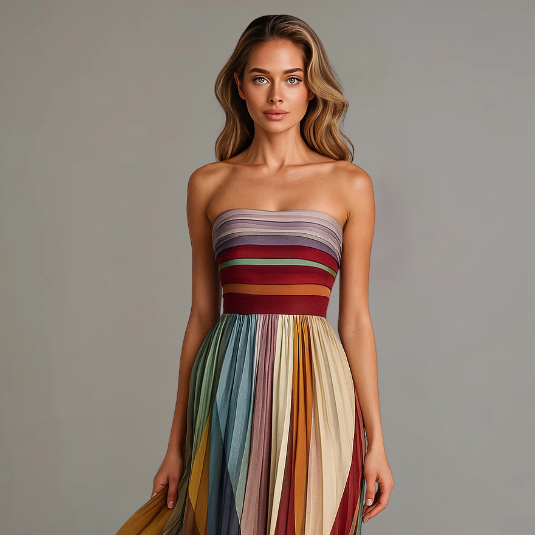 Vestido largo sin tirantes con plisado colorido | Modelo de verano para mujer