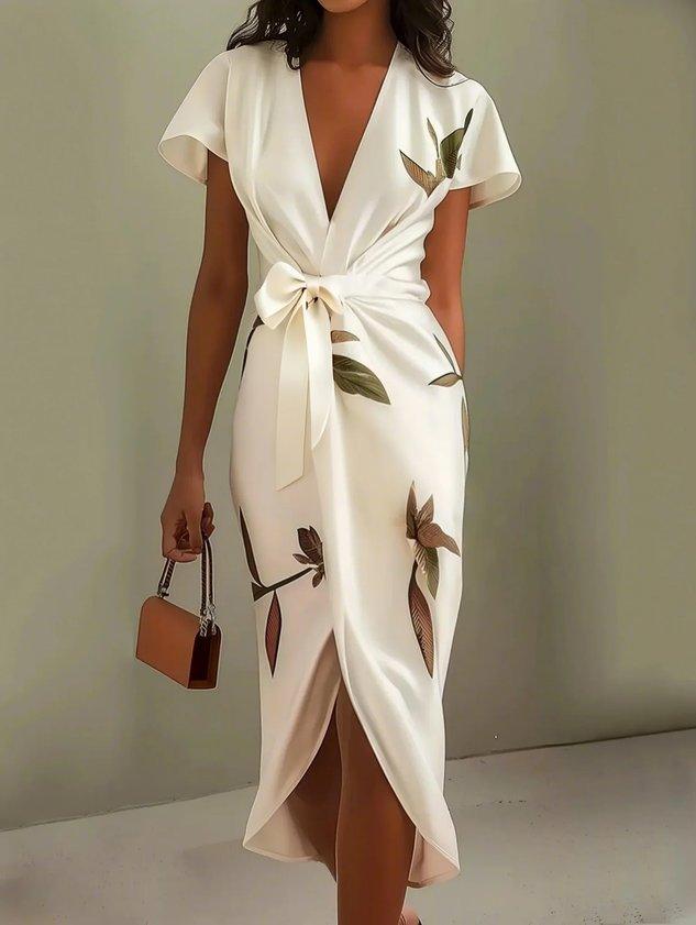 Elegante vestido cruzado estampado floral | Manga corta con volantes