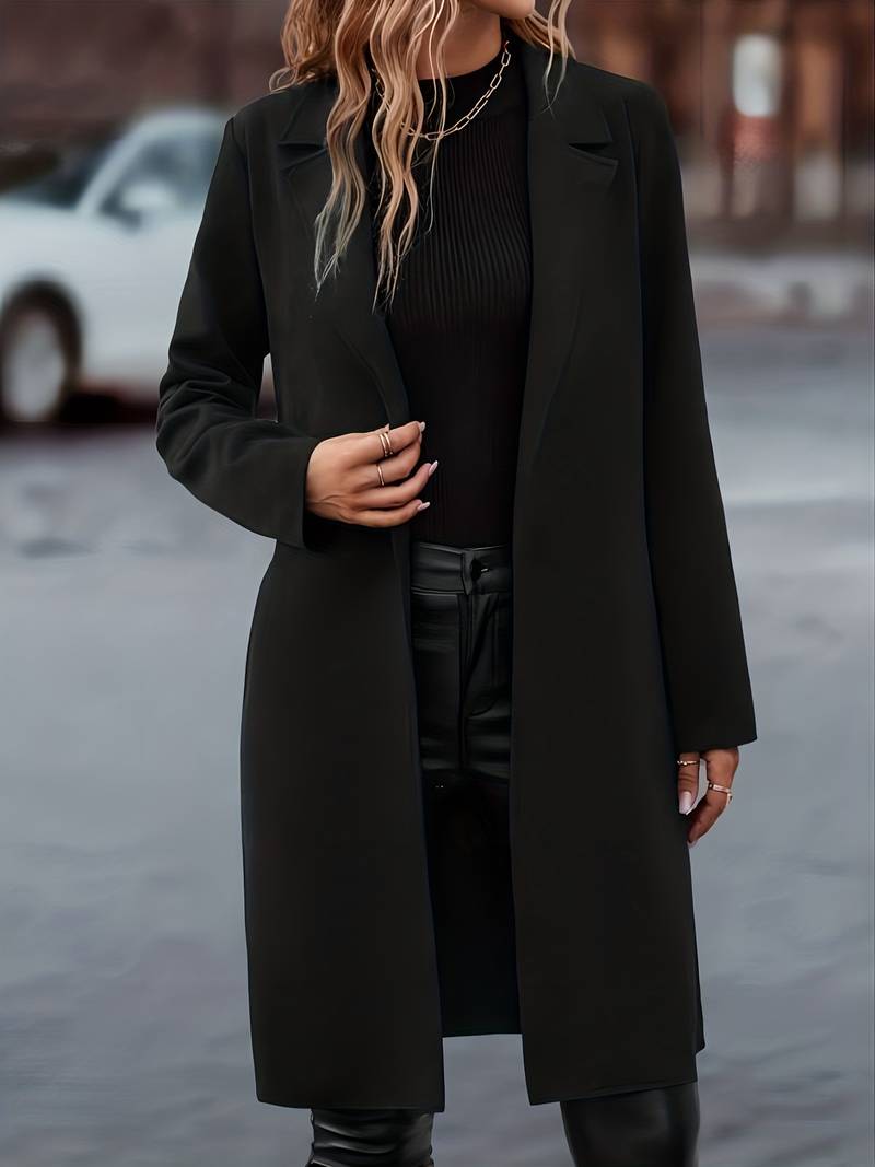 Mujer Chaqueta Larga Elegante | Diseño Abierto & Color Negro | Uso Diario