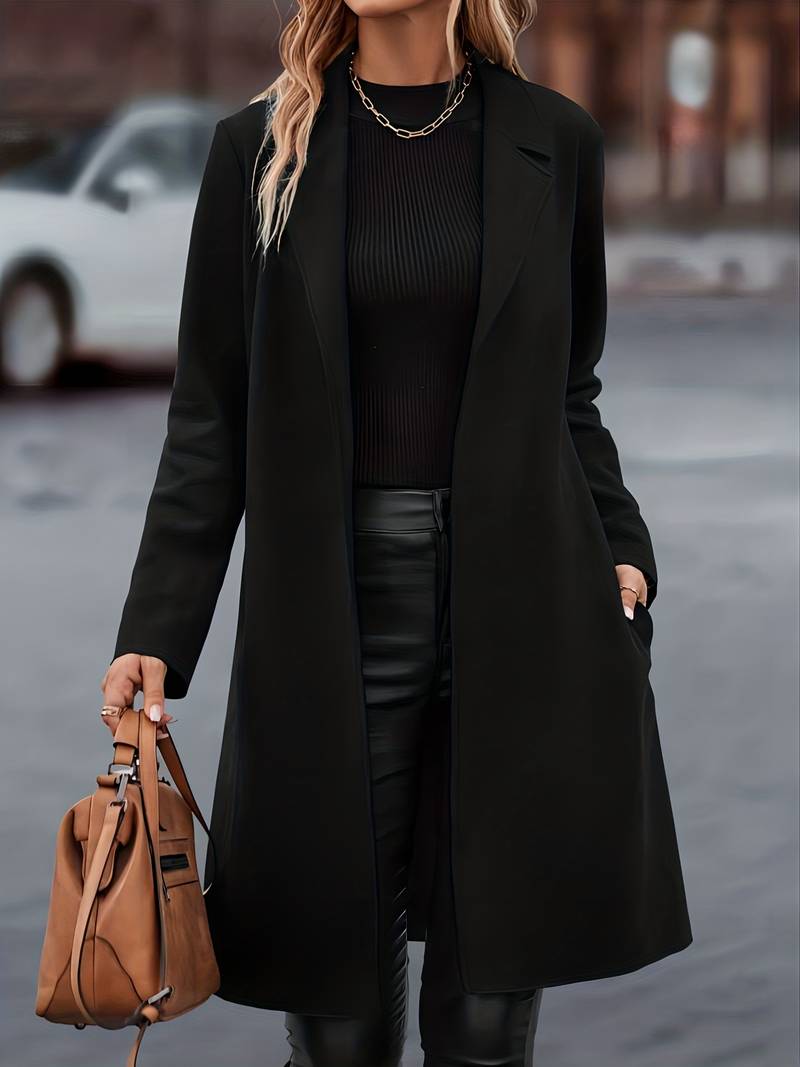 Mujer Chaqueta Larga Elegante | Diseño Abierto & Color Negro | Uso Diario