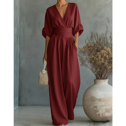 Mono elegante con escote en V y pantalón ancho para mujer