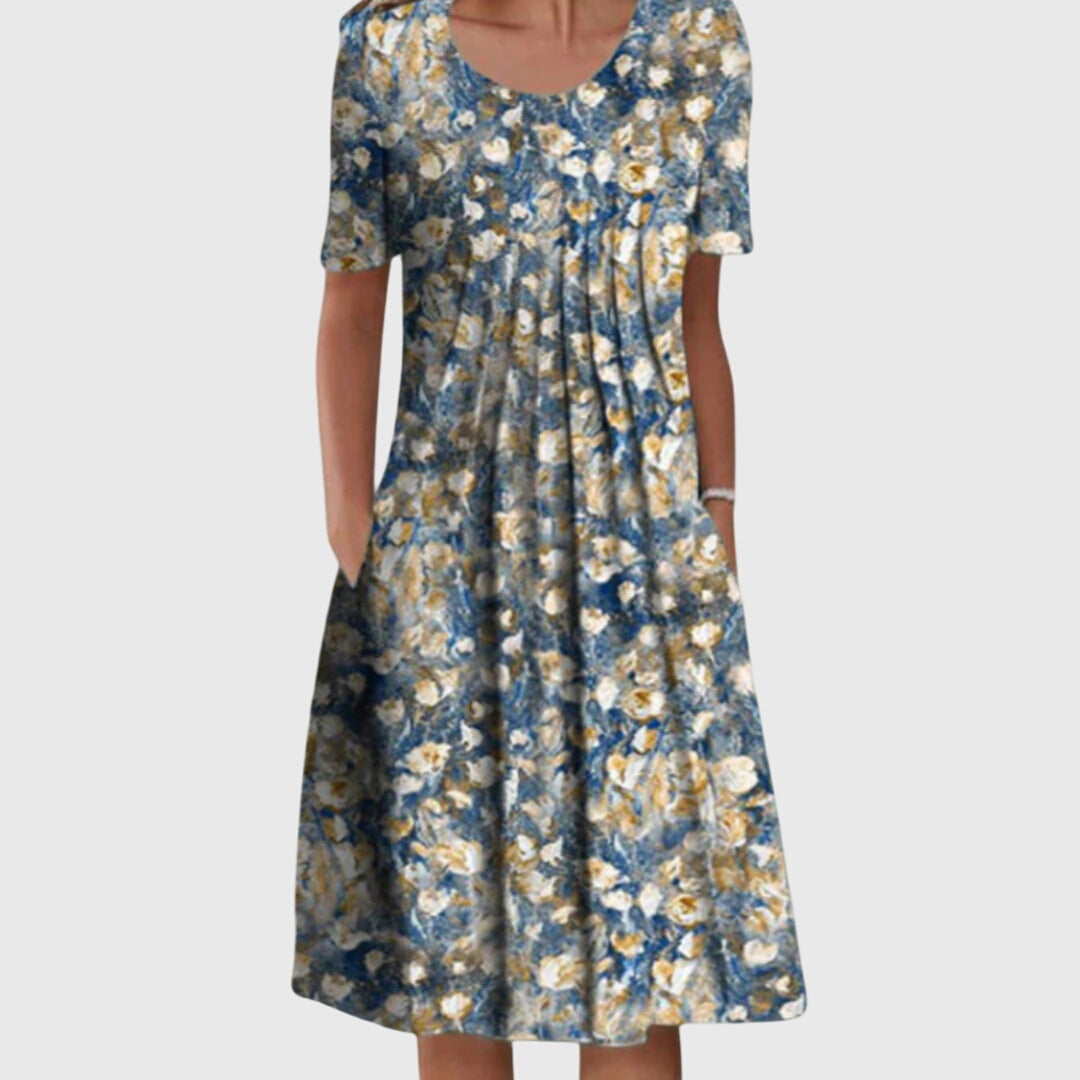 Elegante vestido estampado de cuello redondo para mujer | Corte favorecedor