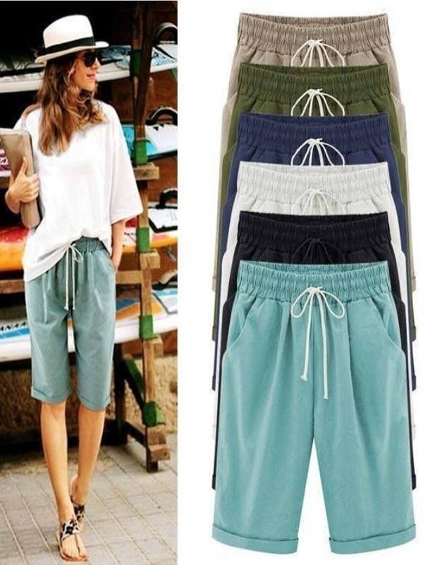 Pantalones cortos holgados de algodón con bolsillos para mujer | Cintura elástica con cordón