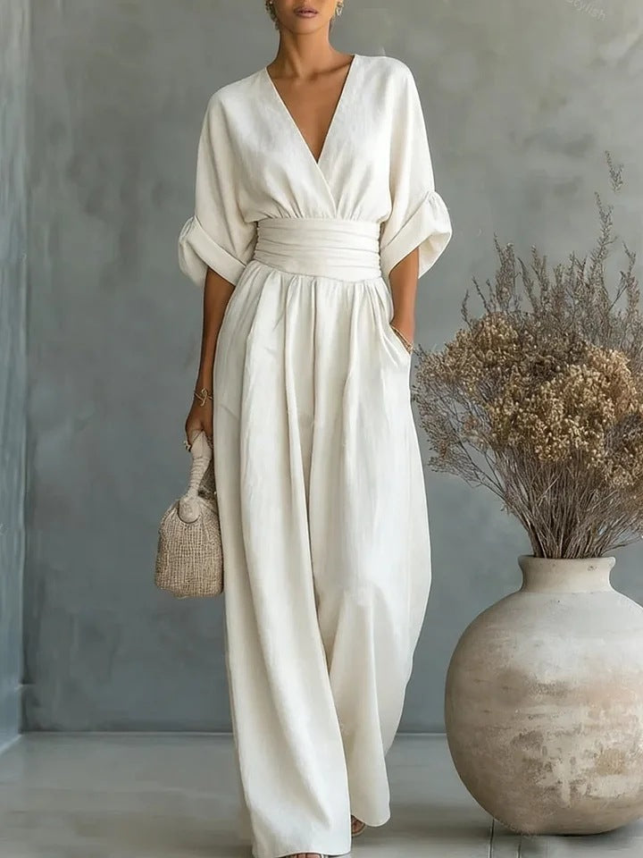 Mono elegante con escote en V y pantalón ancho para mujer