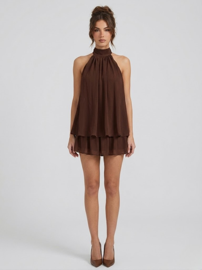 Minivestido con cuello halter y espalda descubierta | Volantes escalonados