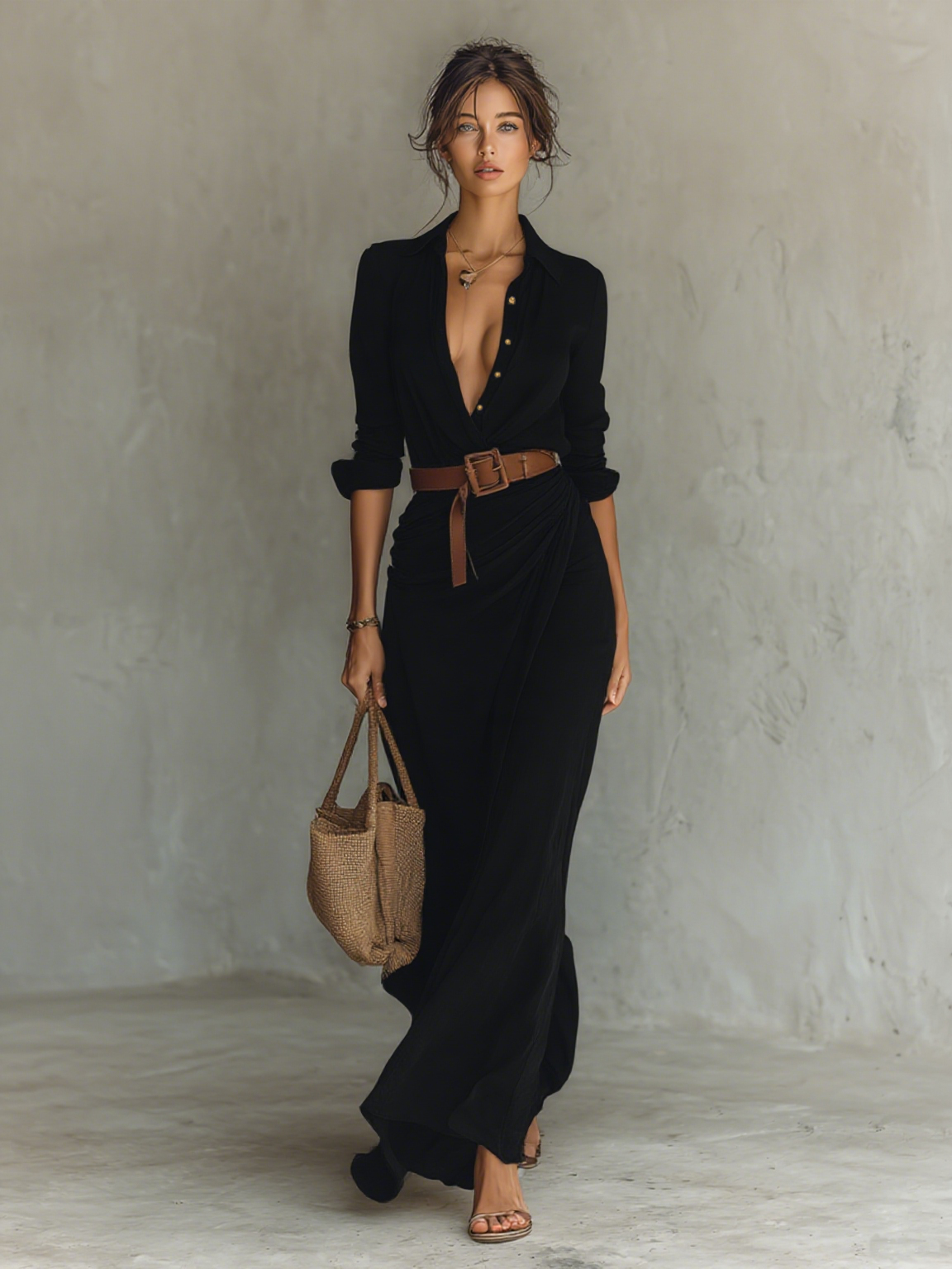 Vestido largo elegante con cinturón para mujer | Cuello camisero y botones