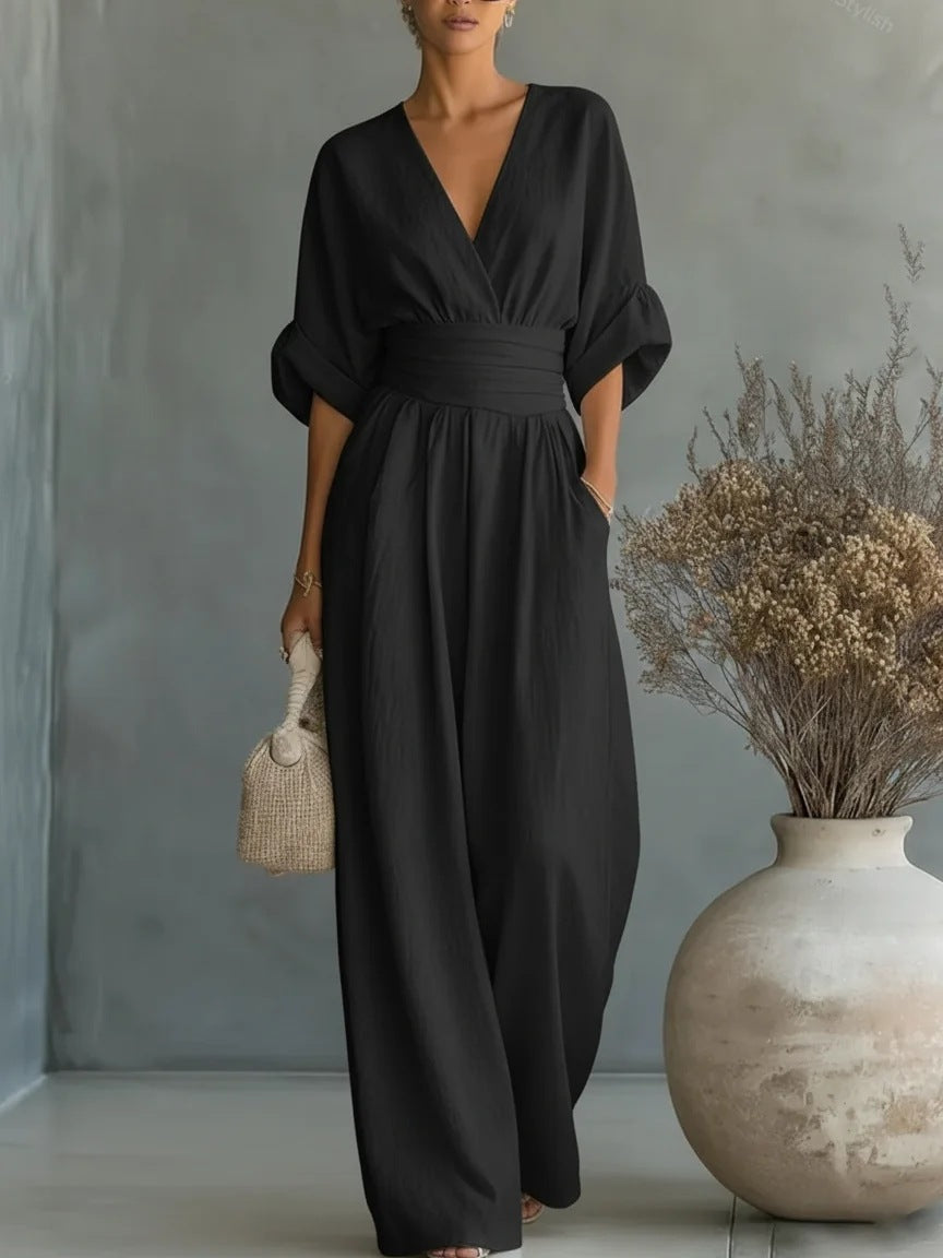 Mono elegante con escote en V y pantalón ancho para mujer
