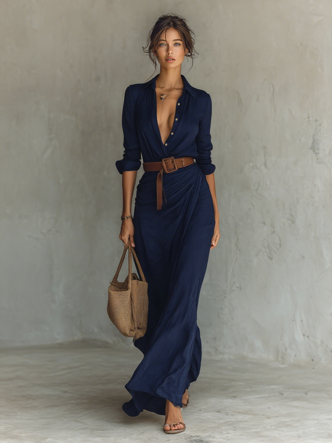 Vestido largo elegante con cinturón para mujer | Cuello camisero y botones