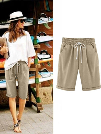 Pantalones cortos holgados de algodón con bolsillos para mujer | Cintura elástica con cordón