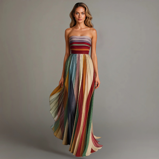 Vestido largo sin tirantes con plisado colorido | Modelo de verano para mujer