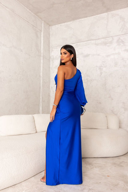 Vestido elegante de un hombro con abertura lateral | Cetim fluido