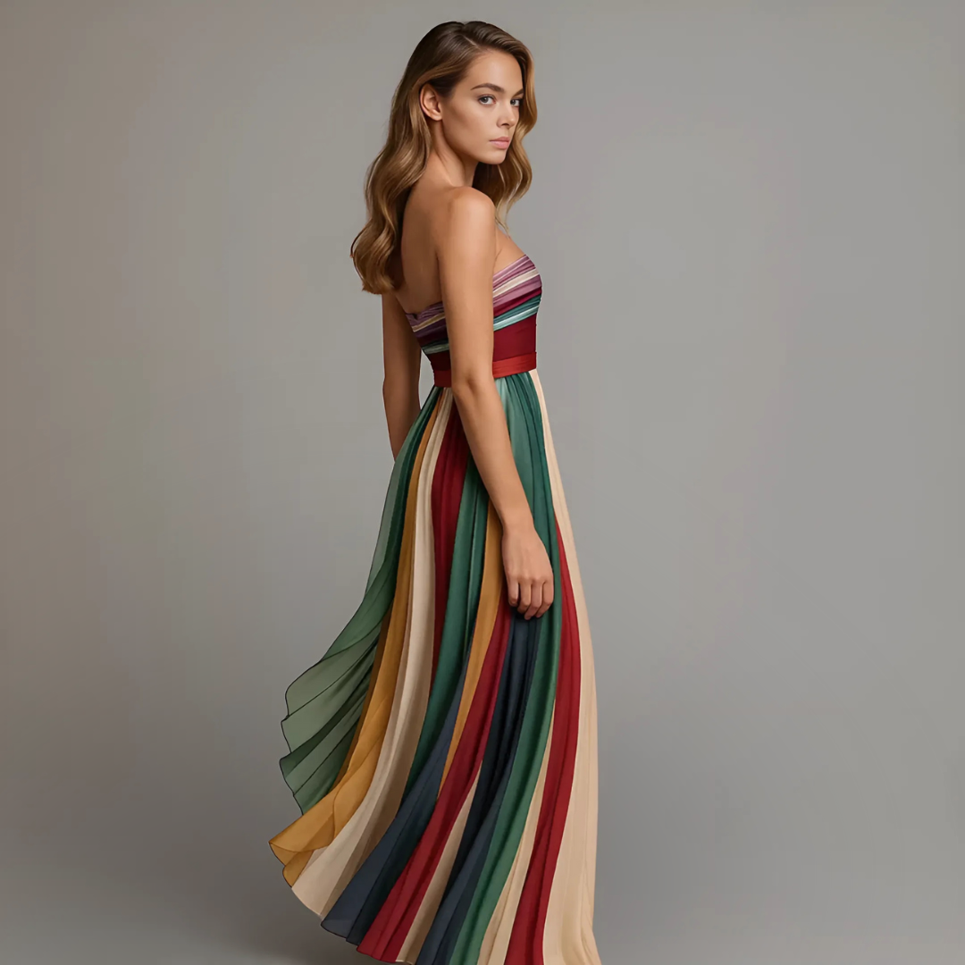 Vestido largo sin tirantes con plisado colorido | Modelo de verano para mujer