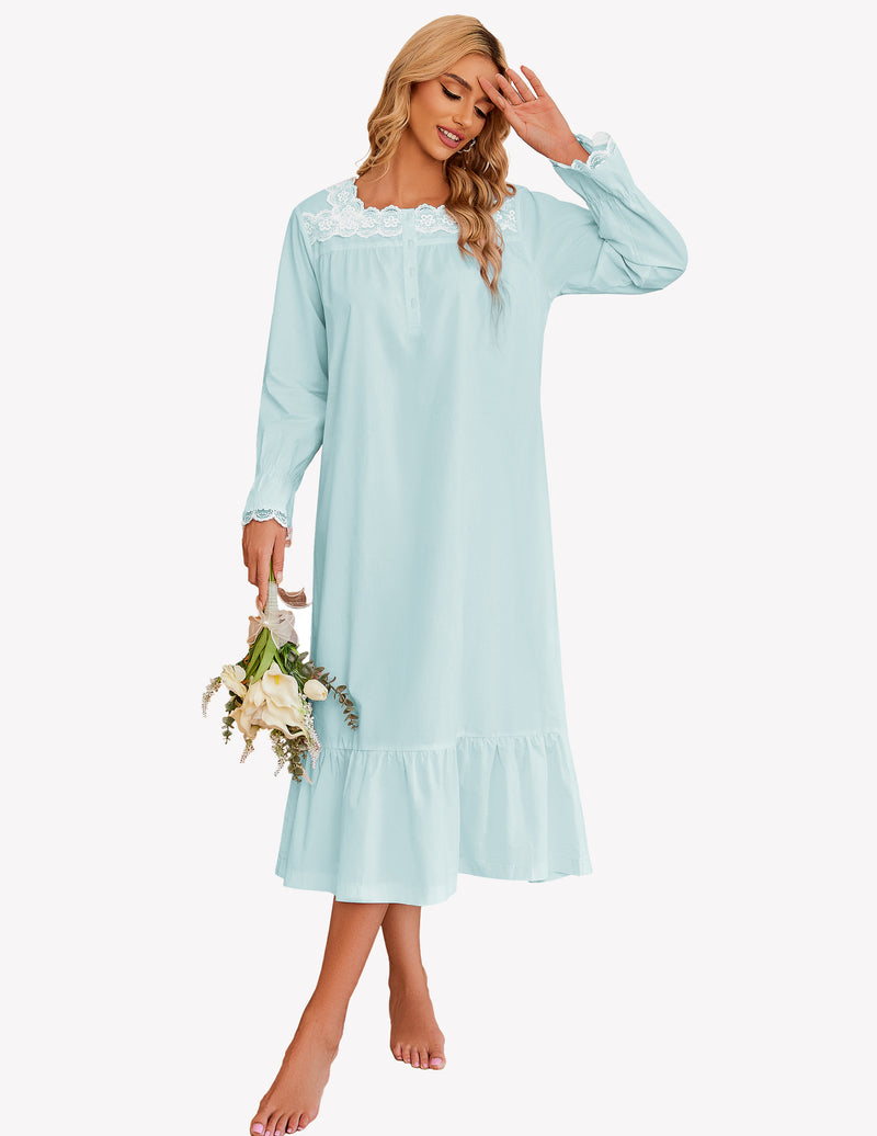 Camisón largo victoriano con encaje floral | Algodón blanco para mujer