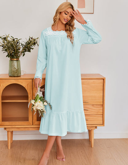 Camisón largo victoriano con encaje floral | Algodón blanco para mujer
