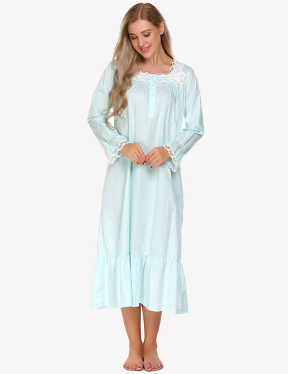 Camisón largo victoriano con encaje floral | Algodón blanco para mujer