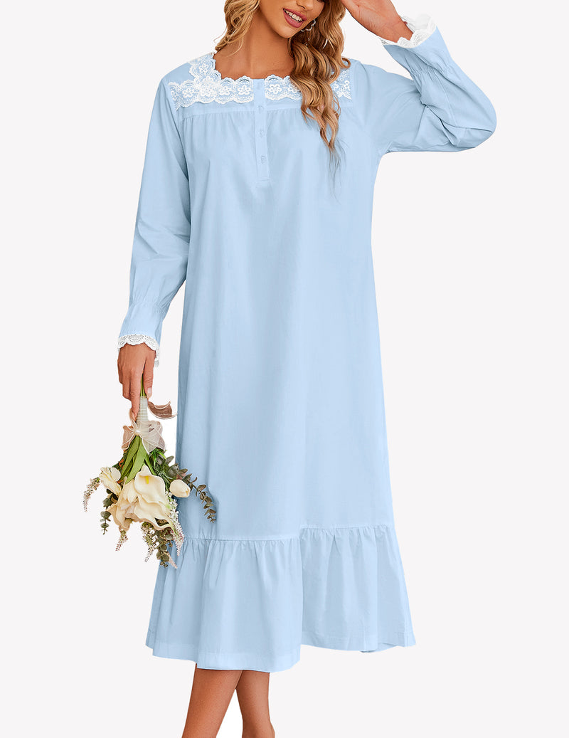 Camisón largo victoriano con encaje floral | Algodón blanco para mujer