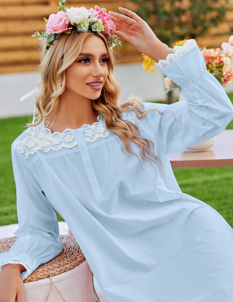 Camisón largo victoriano con encaje floral | Algodón blanco para mujer