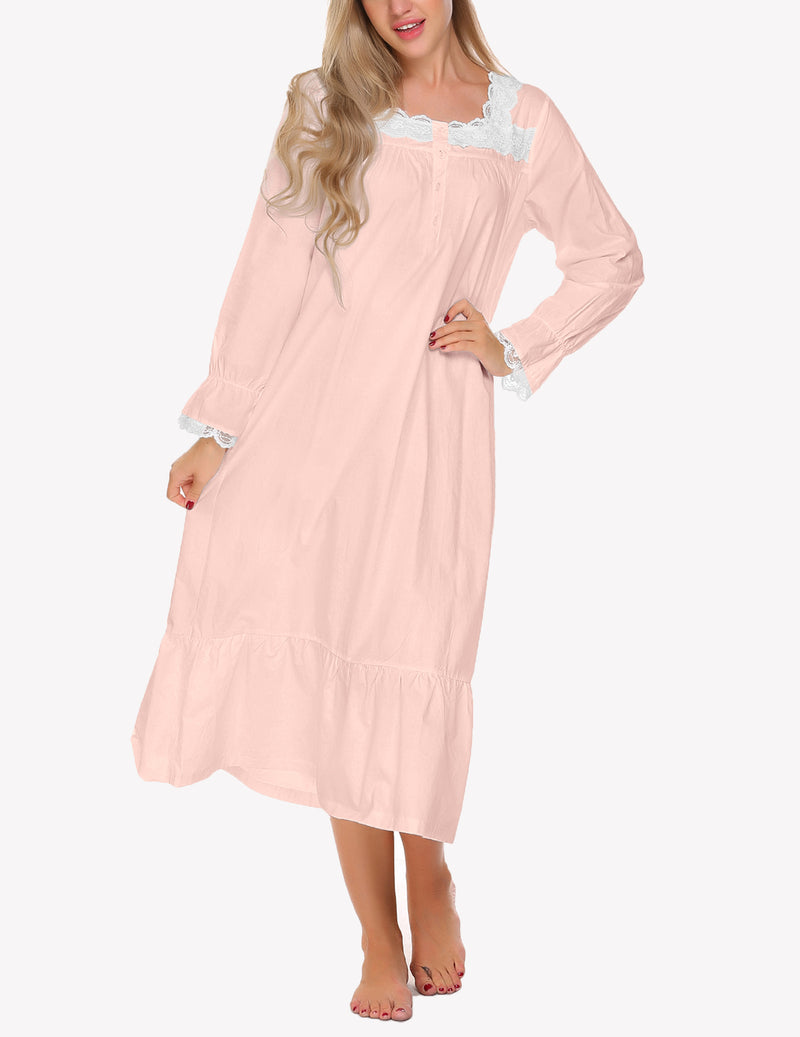 Camisón largo victoriano con encaje floral | Algodón blanco para mujer