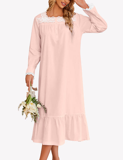Camisón largo victoriano con encaje floral | Algodón blanco para mujer