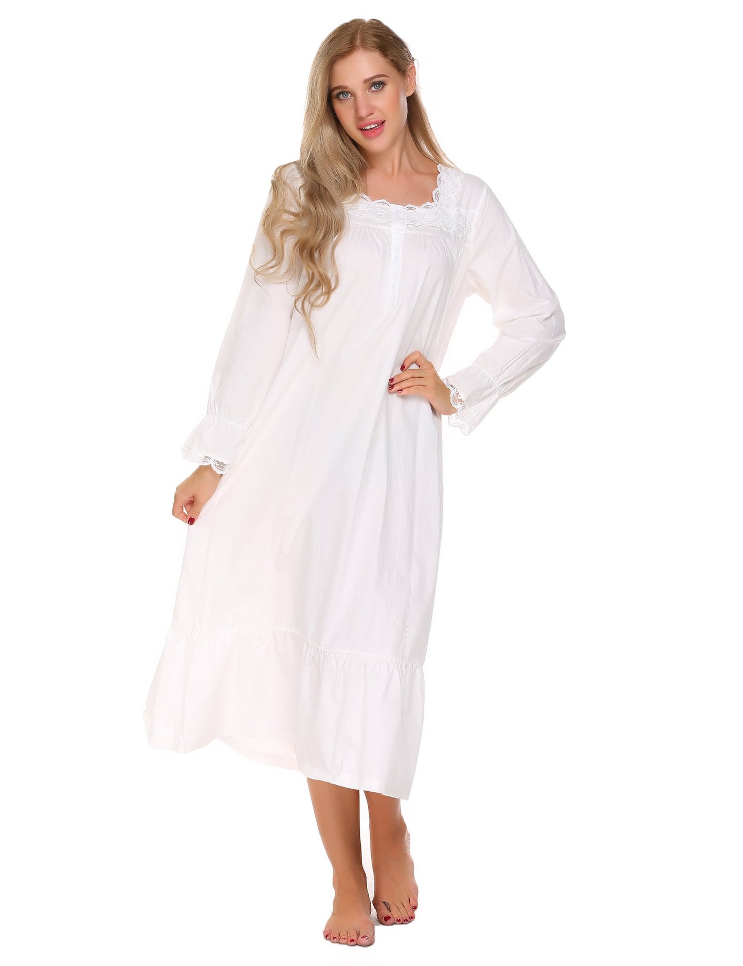Camisón largo victoriano con encaje floral | Algodón blanco para mujer