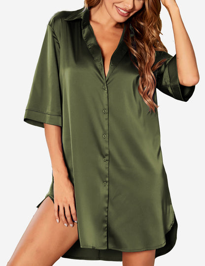 Camisón satinado estilo boyfriend para mujer | Cuello solapa y manga 3/4