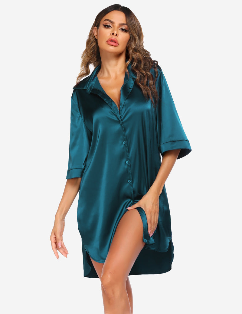 Camisón satinado estilo boyfriend para mujer | Cuello solapa y manga 3/4