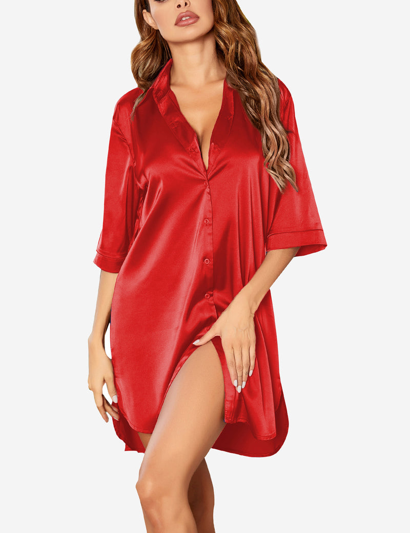 Camisón satinado estilo boyfriend para mujer | Cuello solapa y manga 3/4
