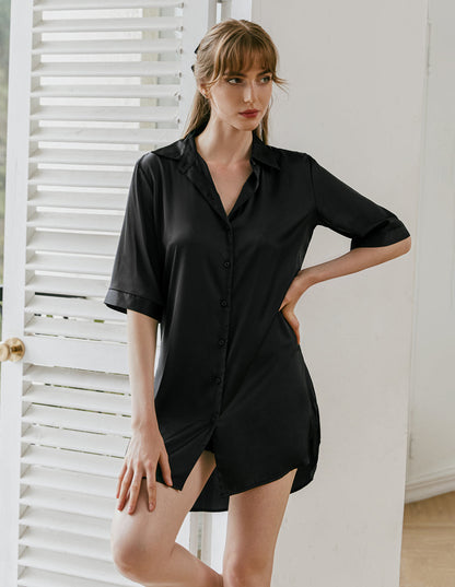 Camisón satinado estilo boyfriend para mujer | Cuello solapa y manga 3/4