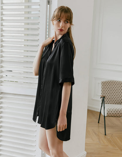 Camisón satinado estilo boyfriend para mujer | Cuello solapa y manga 3/4