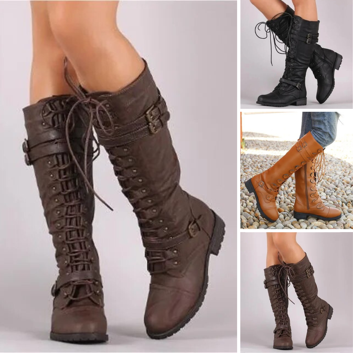 Mujer Botas con Cordones y Hebilla | Suela Antideslizante & Diseño Plano | Otoño e Invierno