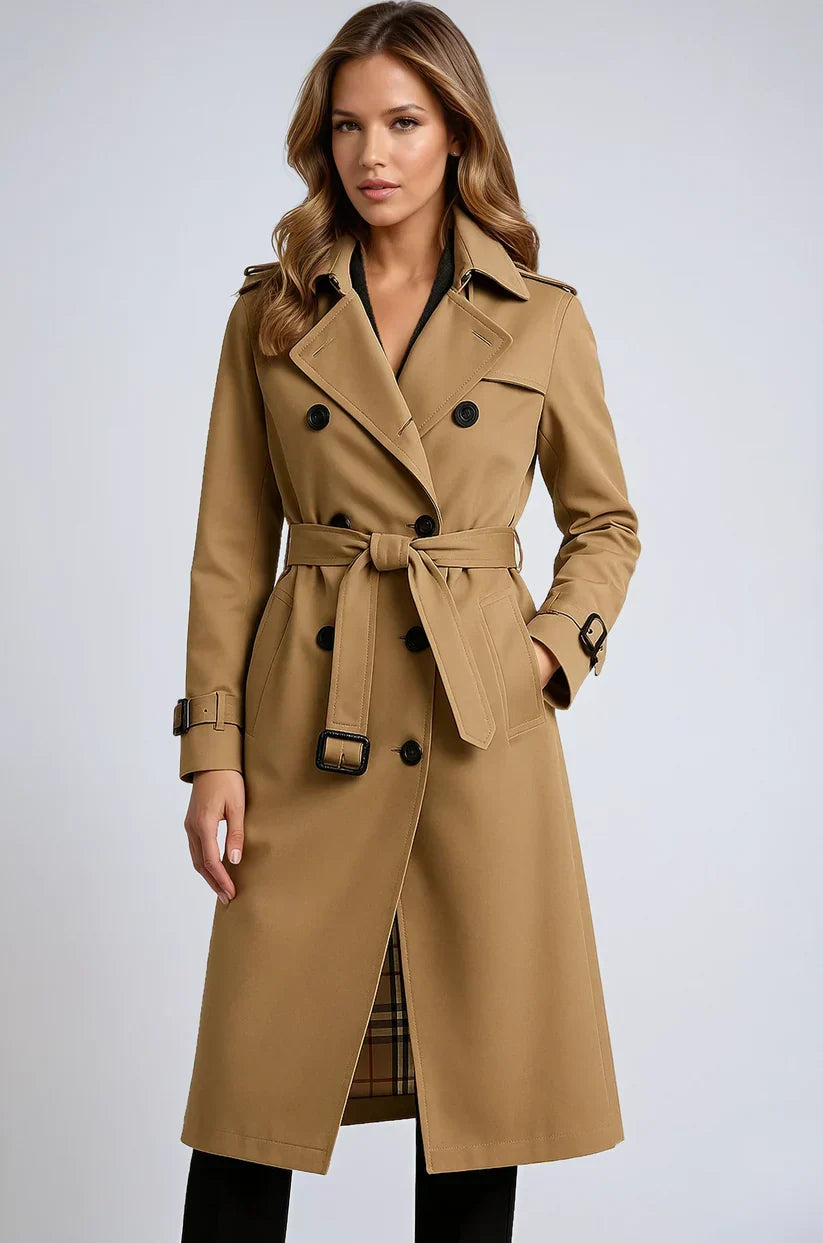 Mujer Gabardina Larga | Doble Botonadura & Forro Estampado | Invierno