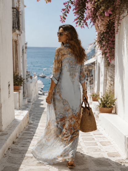 Maxivestido de gasa con estampado floral y cuello camisero | Corte holgado de verano
