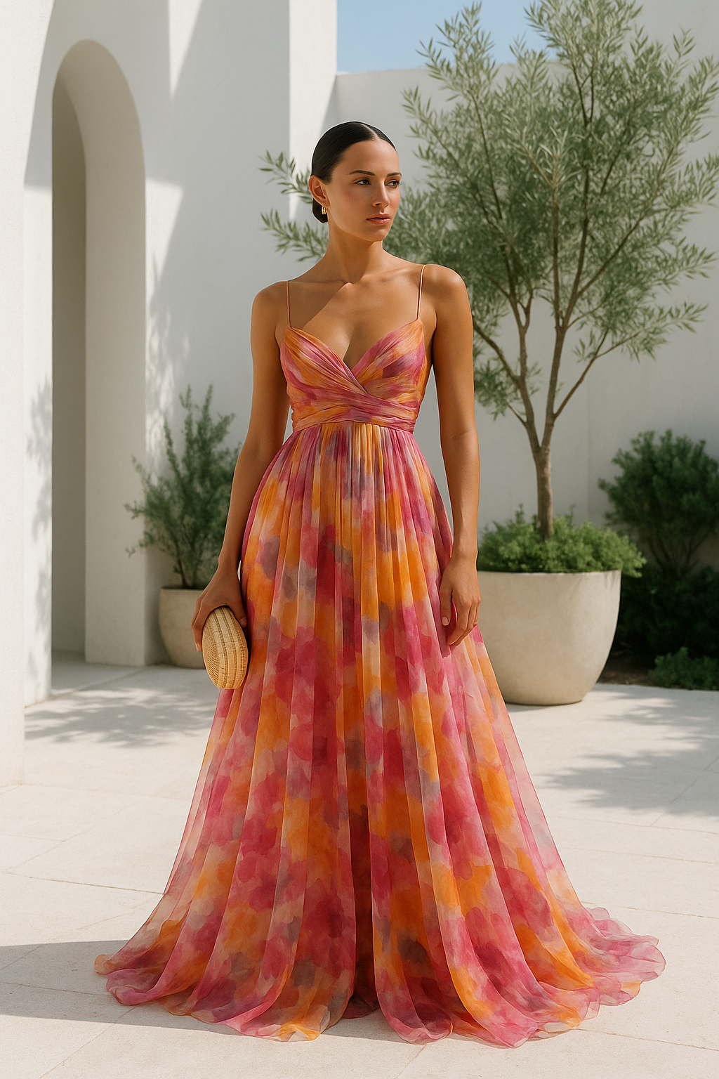 Vestido largo de tirantes con escote en V | Estampado multicolor fluido