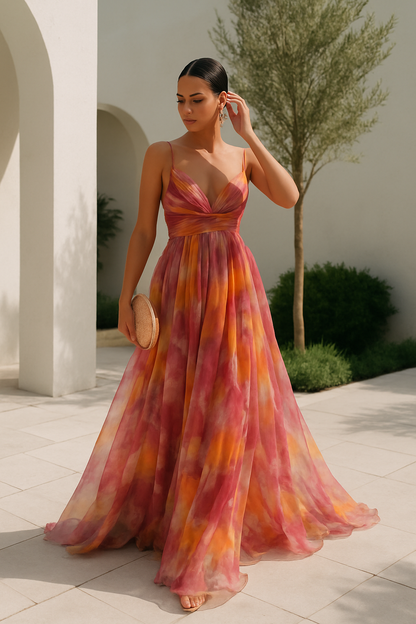Vestido largo de tirantes con escote en V | Estampado multicolor fluido