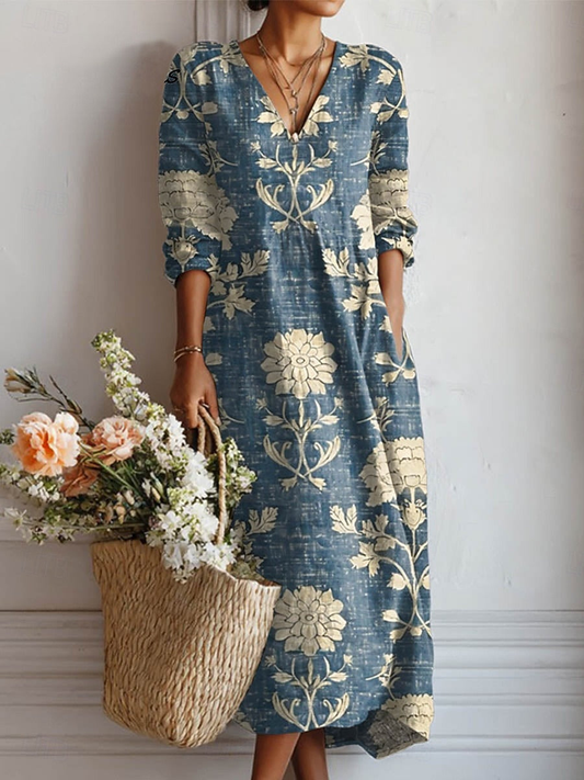 Vestido midi bohemio de lino con estampado floral | Cuello en V con bolsillos