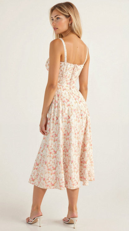 Vestido midi floral con corsé para mujer | Tejido vaporoso de verano