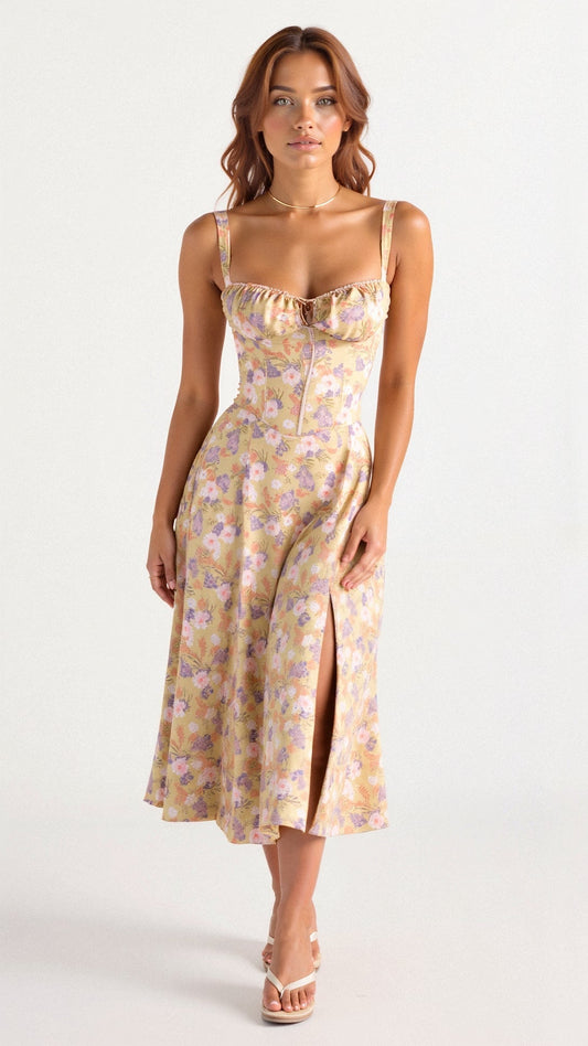 Vestido midi floral con corsé para mujer | Tejido vaporoso de verano