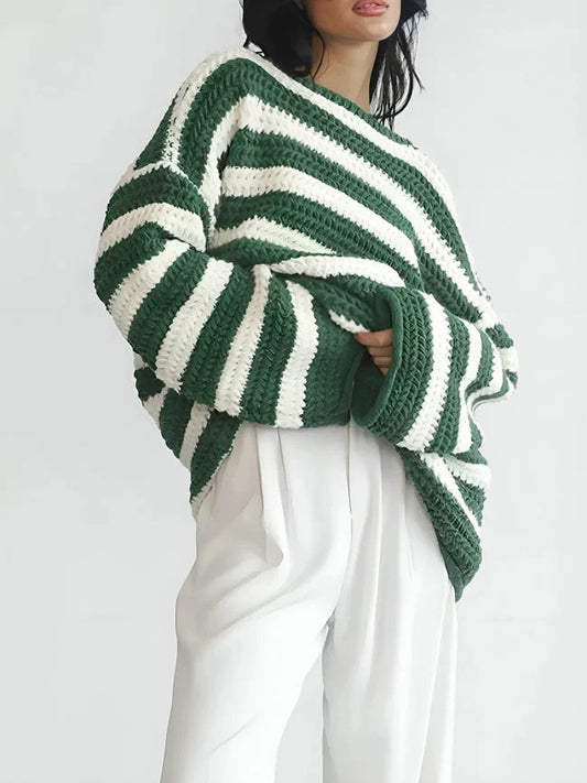 Mujer Jersey de Punto Grueso Oversize | Estampado de Rayas & Cuello Redondo | Uso Diario